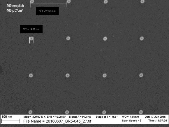 Figure 6: SEM images of SiO x lines and dots made by 100 kv EBL at PSI, Switzerland (Method A).