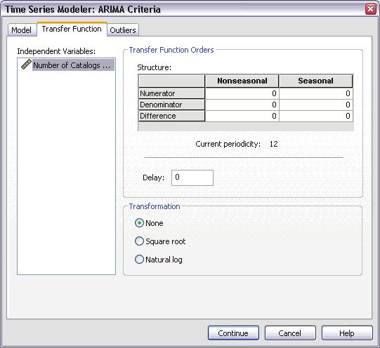 13 Time Series Modeler Transfer Functions in Custom ARIMA Models Figure 2-6 ARIMA Criteria dialog box, Transfer Function tab The Transfer Function tab (only present if independent variables are