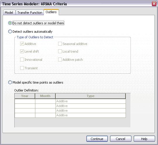 15 Time Series Modeler Outliers in Custom ARIMA Models Figure 2-7 ARIMA Criteria dialog box, Outliers tab The Outliers tab provides the following choices for the handling of outliers (Pena, Tiao, and