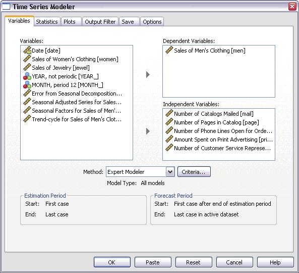 Using the xpert Modeler to Determine Significant Predictors 63 Figure 8-3 Time Series Modeler dialog box Select Sales of Men s Clothing for the dependent variable.