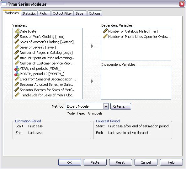 72 Chapter 9 Figure 9-1 Time Series Modeler dialog box Select Number of Catalogs Mailed