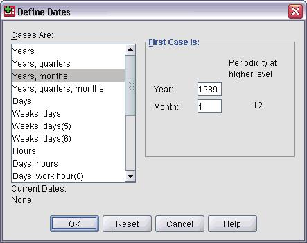 85 Seasonal Decomposition To set an annual periodicity: From the menus choose: Data Define Dates... Figure 10-6 Define Dates dialog box Select Years, months in the Cases Are list.
