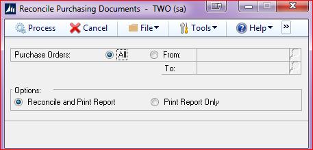 Purchase order year-end closing procedures (OPTIONAL) Page 7 Go to Microsoft Dynamics GP > Tools > Utilities > Purchasing > Reconcile Purchasing Documents Indicate whether you want to reconcile