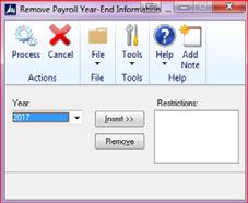 Payroll Year-End closing Page 60 Go to Microsoft Dynamic GP > Tools > Utilities > Payroll > Remove Year-End Information. Select the year, Insert and Click Process.
