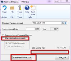 General Ledger Year-End closing procedures Page 81 Step 12: Close the fiscal year To close the fiscal year, go to Microsoft Dynamics GP > Tools > Routines > Financial > Year-End Closing. 1. Specify the Retained Earnings account to which the year's profit or loss will be closed.