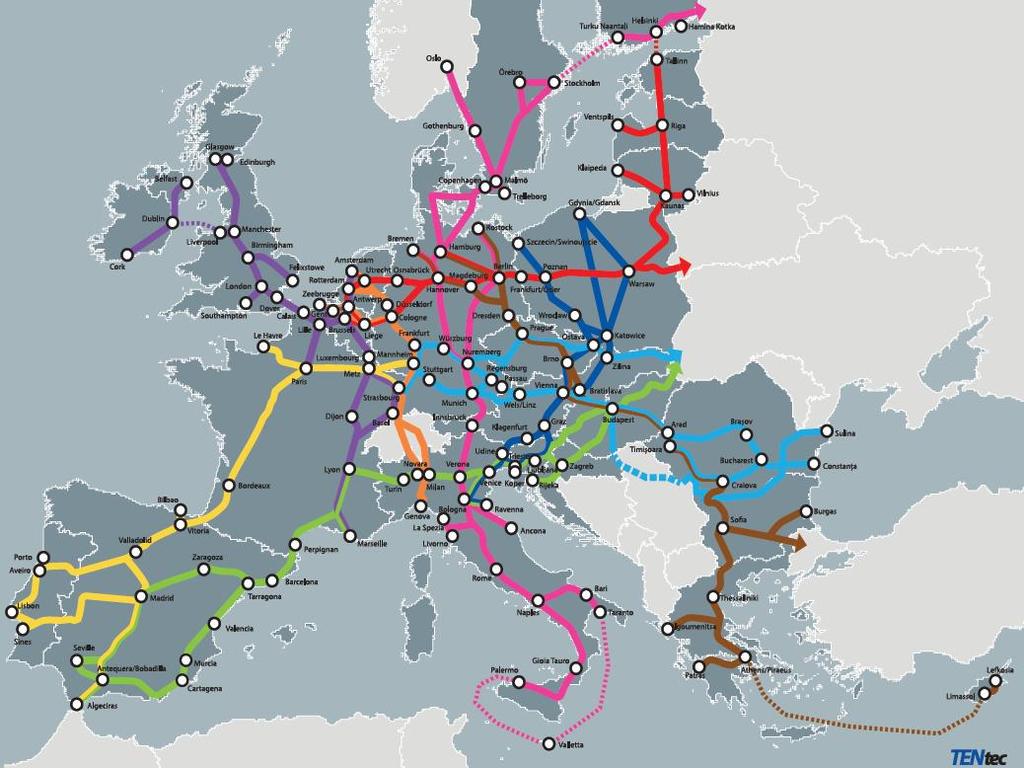 New EU core network - 9 corridors; - 3 modes of transport each; - 94 main seaports with rail and road links; - 38 airports