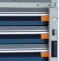 Drawer in shelving applications can also be equipped with a vertical security bar. The workstation system offers a multitude of accessories both above and below the work surface.