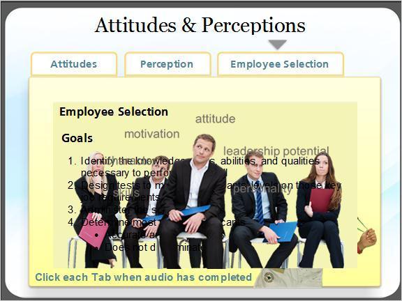Employee Selection (Tab 3) Employee Selection: Perceptions and behaviors determine our behavior toward and can cloud our judgments of others.