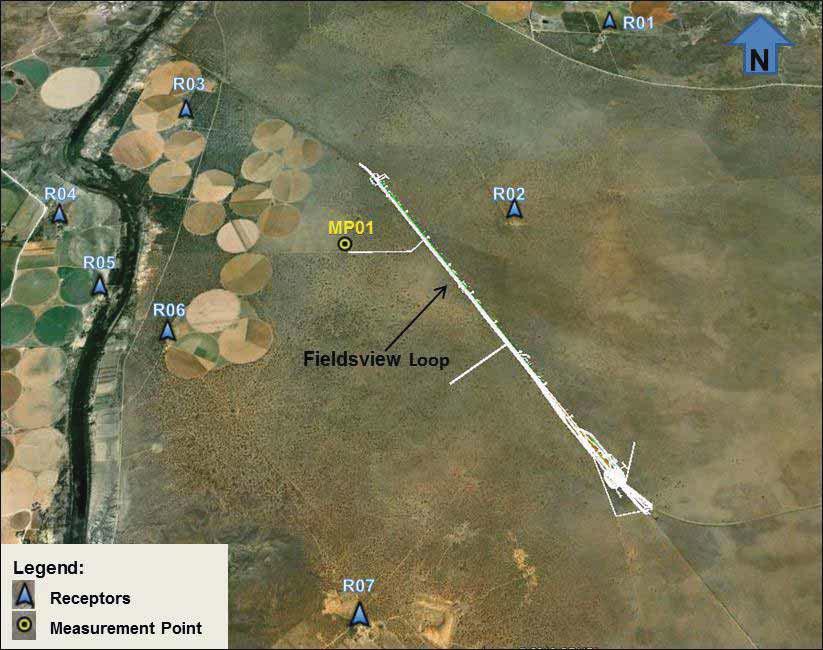 Figure 3-1. Fieldsview Loop Noise Measurement Point and Receptors 3.3.2 Gong-Gong Loop The Gong-Gong loop is located about 9 km south-east of the town of Delportshoop and 10km north-west of the town of Barkly West.