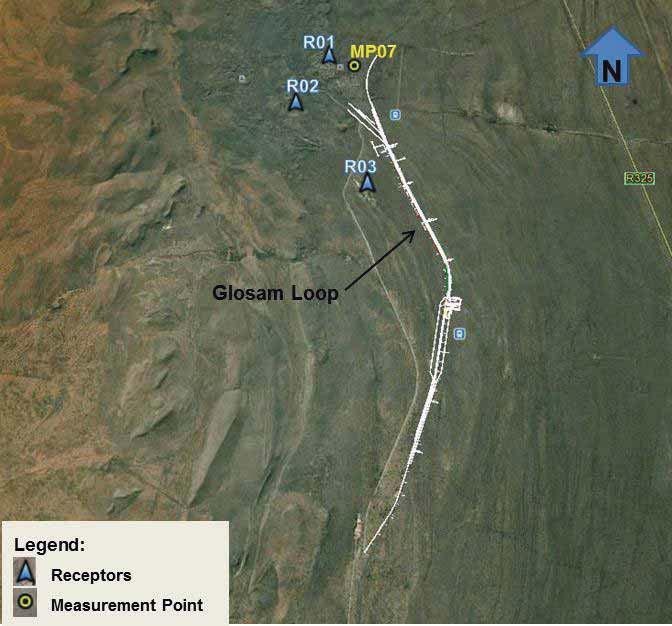 Figure 3-7. Glosam Loop Noise Monitoring Point and Receptors 3.3.8 Sishen Loop The Sishen loop is located approximately 20 km south-west of Kathu town and 5 km northwest of the N14.