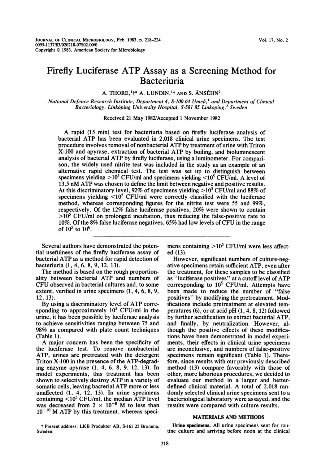 JOURNAL OF CLINICAL MICROBIOLOGY, Feb. 1983, p. 218-224 0095-1137/83/020218-07$02.OO/O Copyright 1983, American Society for Microbiology Vol. 17, No.
