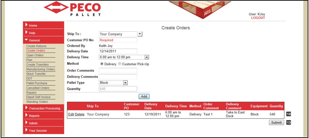 How to Create Orders continued Usage: Placing orders for pallets, typically Renter Instructions: Using the screenshot below as a guide, follow the steps Step Field Comment 12 Staging Table Area where