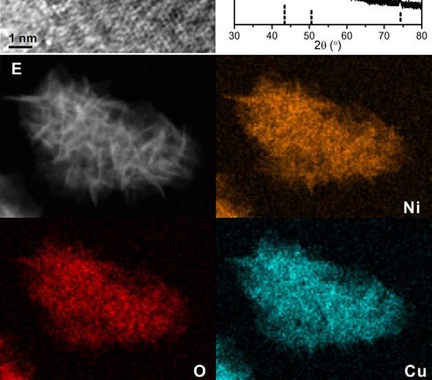 (C) HR-TEM image of the Cu/α-Ni(OH)2 nanosheets, (D) XRD pattern, and (E) STEM/EDS-mapping image of the as-prepared