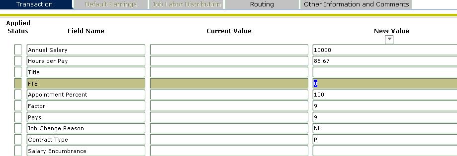 I. Use the scroll bar to scroll down to additional fields. J. FTE This will automatically populate with 0. This is the default FTE value for a Graduate Research Assistant.