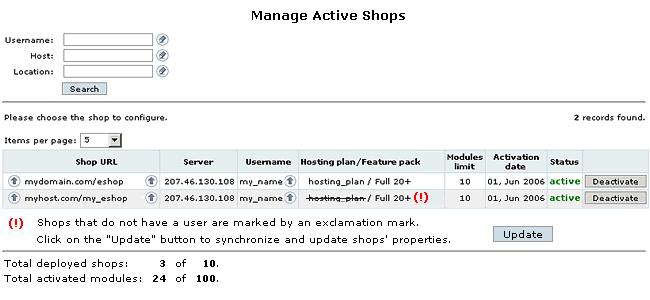 25 Store Maintenance 'Store Maintenance' tab. A store using another hosting plan is marked with a (*) sign.