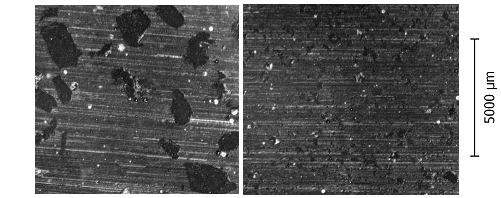 Fig. 4. Resistance to abrasive wear particles 955.6 µm Fig. 5. Resistance to abrasive wear particles 23.8 µm Fig. 6. Surface of materials after wearing GlueEpox 10 %: 955.6 µm left, 23.