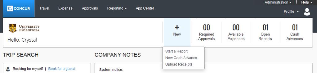 Concur Home Page: Quick Task Bar The following tasks are accessible through the Quick Task bar: Start a new report, cash advance, or upload receipts from the 'New' Quick Task option Access the