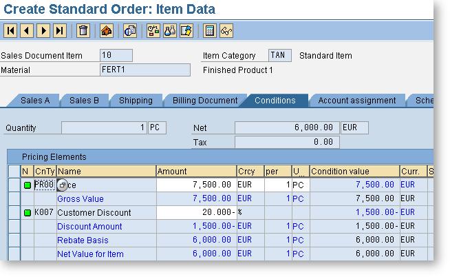 THE SALES ORDER In the top right-hand corner you can see the net value of EUR 6000. Where did the system get this value from? On the CONDITIONS tab for the order item (see Figure 2.