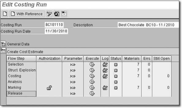 17, the system automatically selects all materials created in those plants. Figure 3.15 Create a Costing Run Dates After entering the parameters shown in Figure 3.14 and Figure 3.