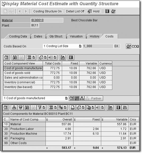 24 shows the cost component view, in the same Display Material Cost Estimate screen, in EUR after choosing the controlling area currency in Figure 3.