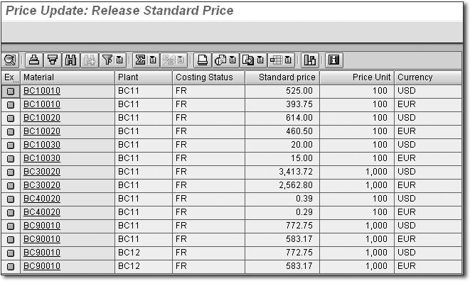 This process in SAP ERP is called mark standard price. To execute it, you first need to select your options for the parameters in the Mark row in the costing run and save it.