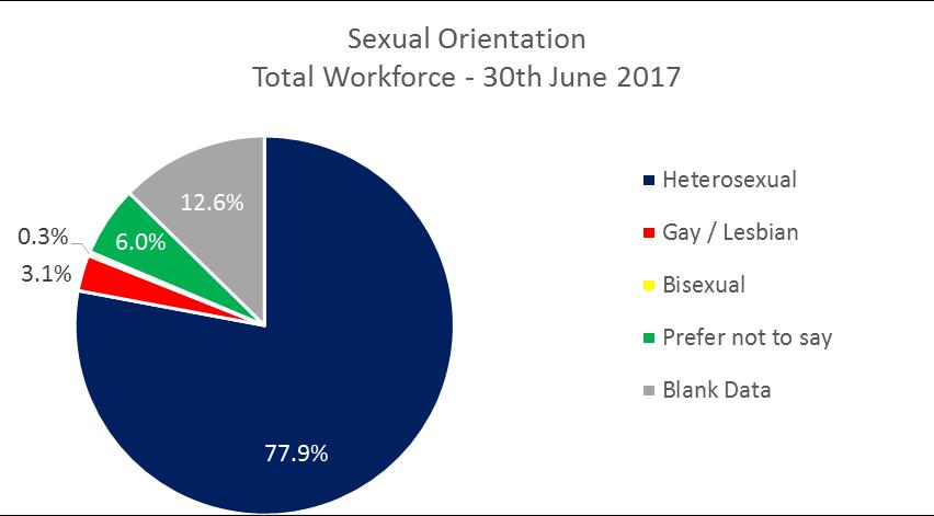 Sexual orientation So as not to inadvertently out individuals, the data in this section is not broken down further than total workforce.