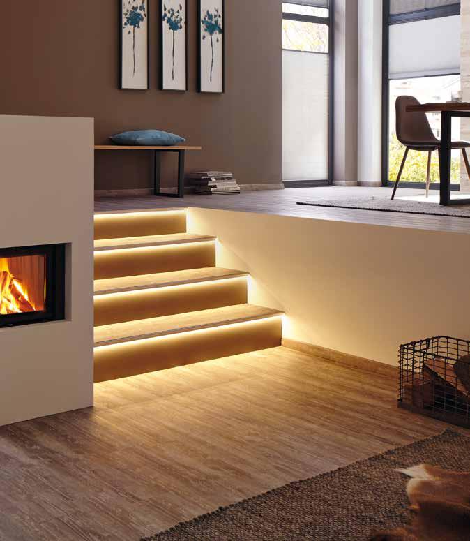FLORENTOSTEP-LED Illuminated stair nosing profiles with a Florentine design for steps and stairs with tiled or natural stone surfaces, suitable for installation both internal