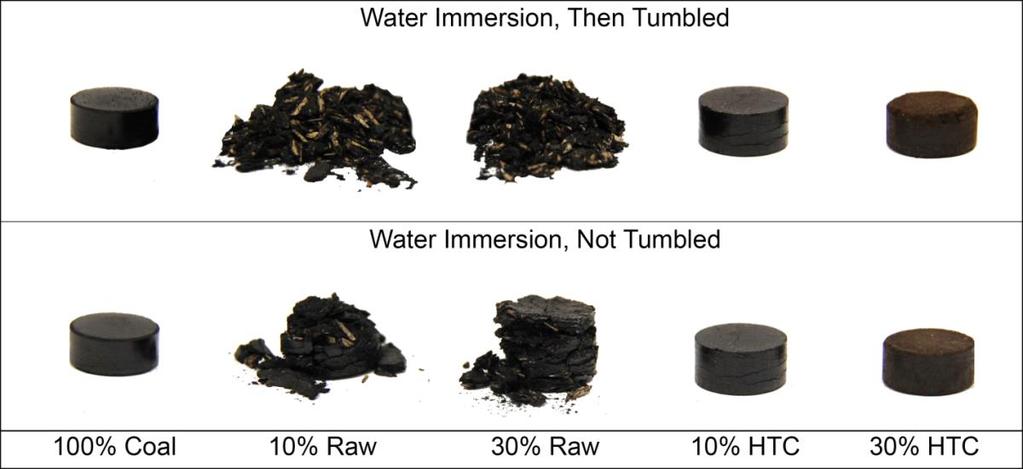 coal disintegrates when immersed in water for 1 hour and tumbled Pelletized blends of hydrochar with coal