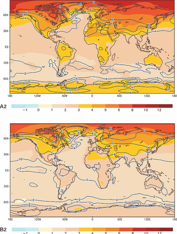 Figure 20: The annual mean change of the temperature (colour shading) and its range (isolines) (Unit: C) for the SRES scenario A2 (upper panel) and the SRES