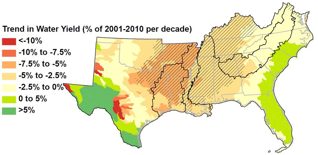 Water Yield (mm) Future trends in southern water yield Mean trends predicted for 2010-2060 in mean annual water yield, normalized by 2001-2010 mean annual water yield.