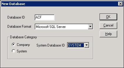 The New Database window displays. 4. Enter the Database ID, set the Database Format to Microsoft SQL Server. 5.
