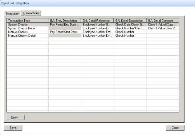 Step 5: Set up Payroll G/L Integration On the Transactions tab, the table shows a list of Sage Abra HRMS Payroll transaction types.
