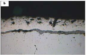 It shows that vertical distribution crack and pores appeared on the surface coating, and the obvious fissure appeared between coatings and substrate, but the vertical
