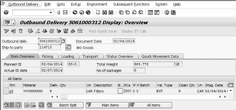 When an outbound delivery is created, the SO will display an outbound delivery document number in Document Flow (Figure 9.5). Figure 9.6 Display Outbound Delivery Document In Figure 9.