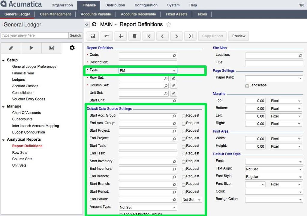 Project Reporting Using the Analytical Report Manager It is possible to use Acumatica s Analytical Report Manager (ARM) to review the project income statements for the projects you have created.