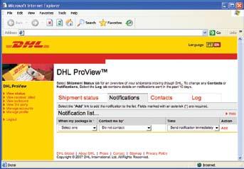 ADDING NOTIFICATIONS DHL ProView enables notifications to be set up for specific shipment events.