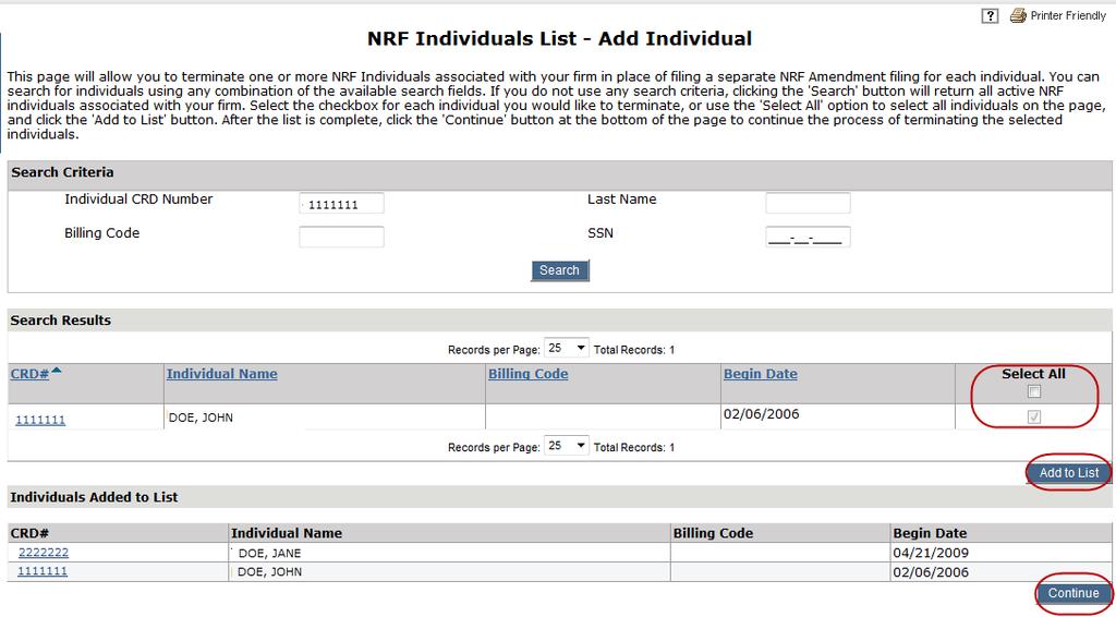 Enter the Individual CRD Number, Last Name, Billing Code or SSN and click Search.