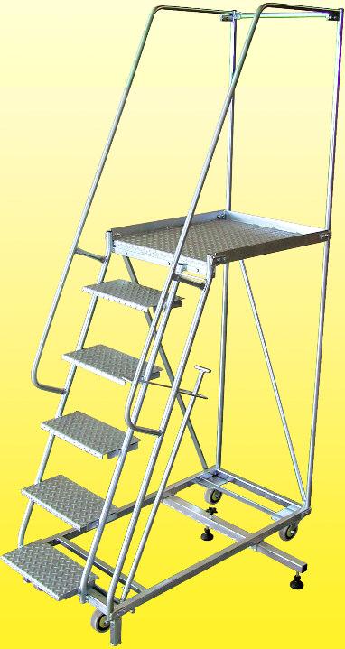High-quality welded steel construction Zinc-plated protection Safety rails on three sides plus two hand rails Strong tread-plate steps and platform 100mm TPR tyred castors, 2