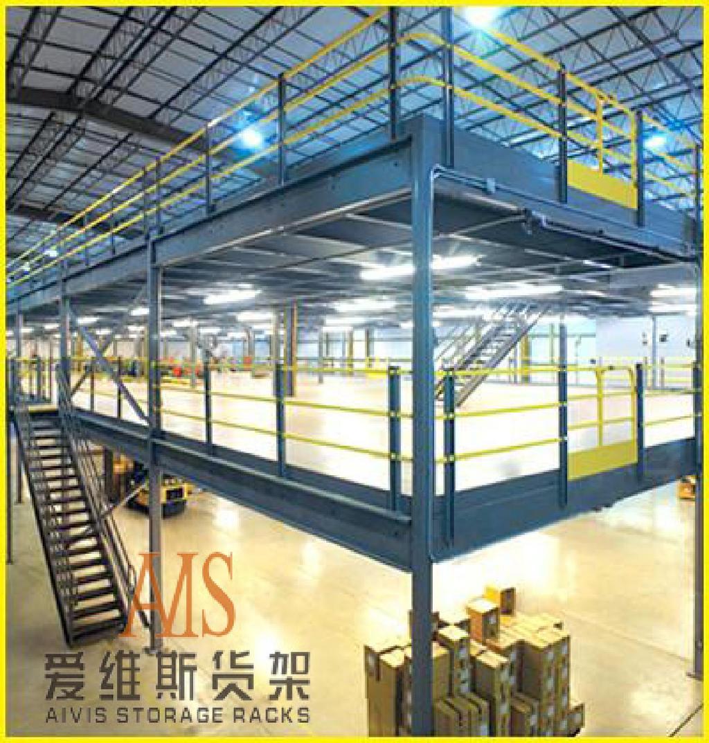 6. Mezzanine racking system 1) Support by themselves and can be designed as multiplayer floors, normally 2-3layers 2) Staircase, railing and elevators are provided 3) Floor supporting racks have