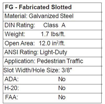 64063 Z886-FG A Class Slotted Galvanized Steel Grate P6-FG The Zurn P6-FG Fabricated Slotted, Galvanized Steel Grate, is 5-3/8 inches wide by 40 inches long, weighing 1.7 lbs per linear foot.