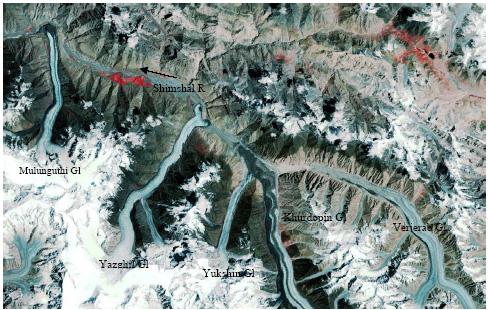 Shimshal river valley and its main Glaciers, Landsat Imagery (13/8/1998) Glacier Length (km) Width (km)
