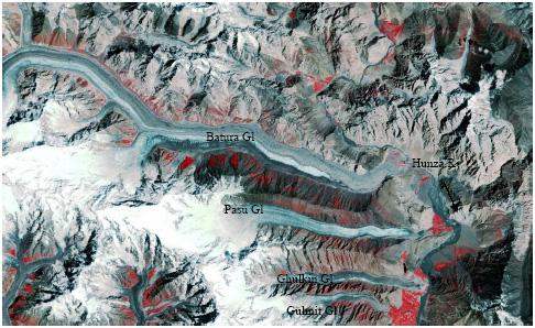 3 295 355 Yazgil Yukshin Batura glacier in Hunza river basin as imaged on Landsat (13/8/1998) Batura Glacier