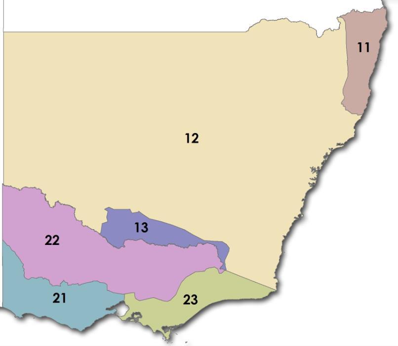 Map 8 Australian Dairy Industry Survey regions, New South Wales and Victoria Note: New South Wales and Victoria are divided into multiple regions.