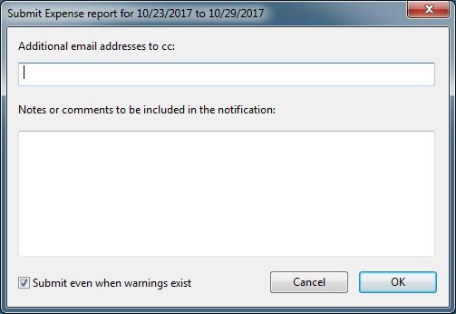 Expense Reports 25 3. Select the check box if you want the Expense report submitted even when warnings exist. 4. Click OK. A message appears. Click OK to confirm it. 5.