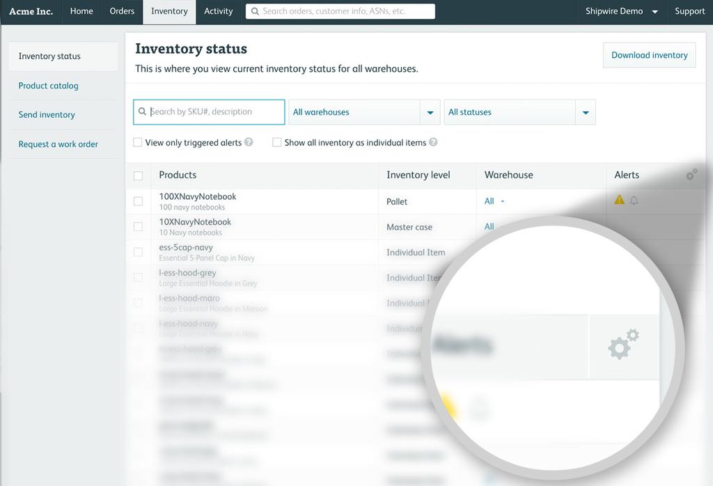 Inventory The Inventory Status menu lets you manage and run reports on your inventory, and you can slice the data by fulfillment center and current status to generate insights.