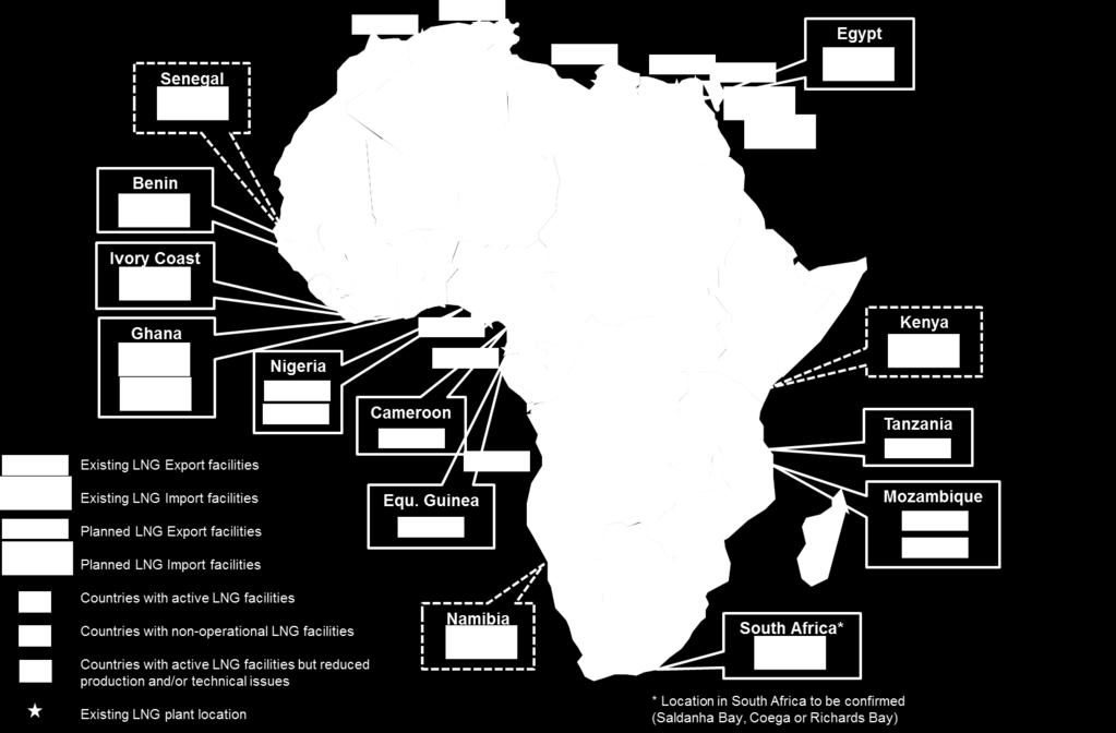 Figure 8.2.1: Existing and Planned LNG Facilities, Africa, 2015 Source: Frost & Sullivan The largest LNG exporters on the continent to date are Algeria and Nigeria. Figure 8.2.2: Existing LNG Export Facilities, Africa, 2015 Country Libya Algeria Algeria Nigeria Egypt Egypt Equ.