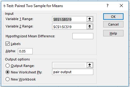 Test for Difference between Two Sample Means: Paired Samples If you are comparing two samples that are paired in some natural way, you should use the t-test: Paired Two Sample for Means procedure.