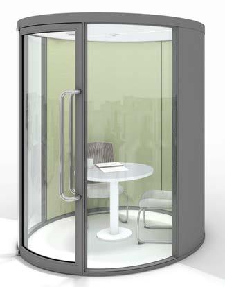 Freestanding, the Curve phone booth is completely round with curved double-glazed