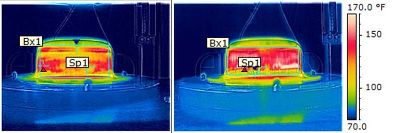 Figure 2: Example of Temperatures on the drawn cup recorded with a FLIR infrared camera during experiments, after the drawn cup is ejected from the tool 785 780 775 Mild Steel 125.00 120.