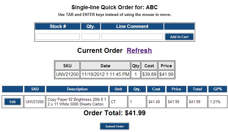 2. Adding items to the order: To add an item to an order, simply type the Stock Number, Quantity, etc.